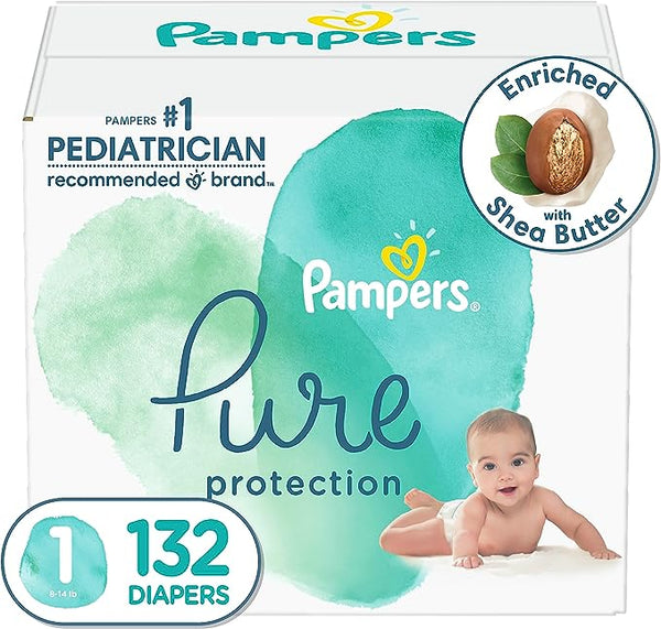 Diapers Size 1, 132 Count - Pampers Pure Protection Disposable Baby Diapers, Hypoallergenic and Unscented Protection, Enormous Pack (Packaging & Prints May Vary)